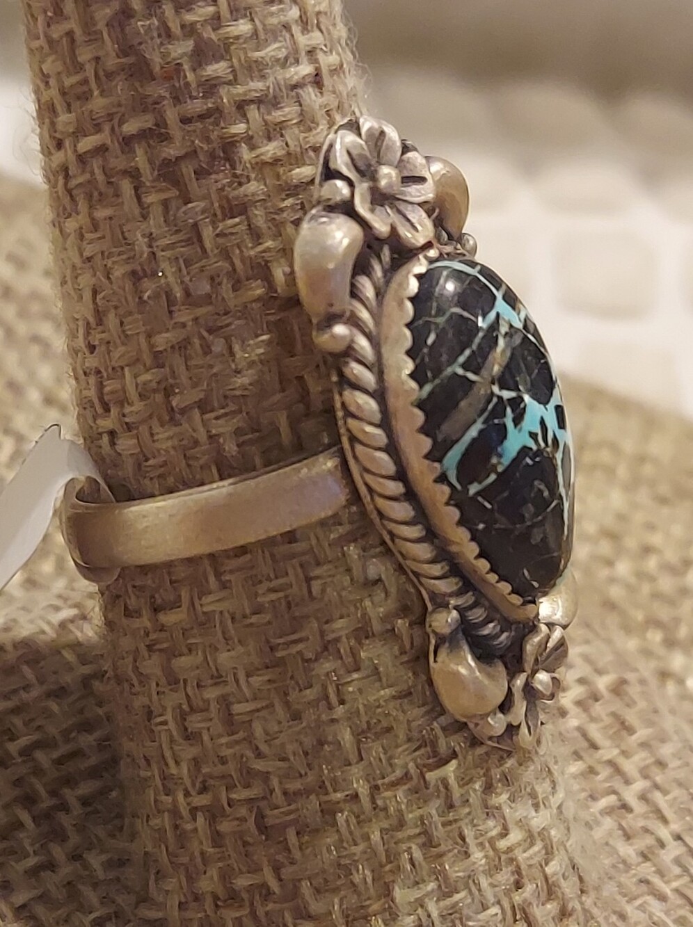 New Brushed Sterling Silver & Blackjack Turquoise Adjustable Ring - Picture 4 of 13